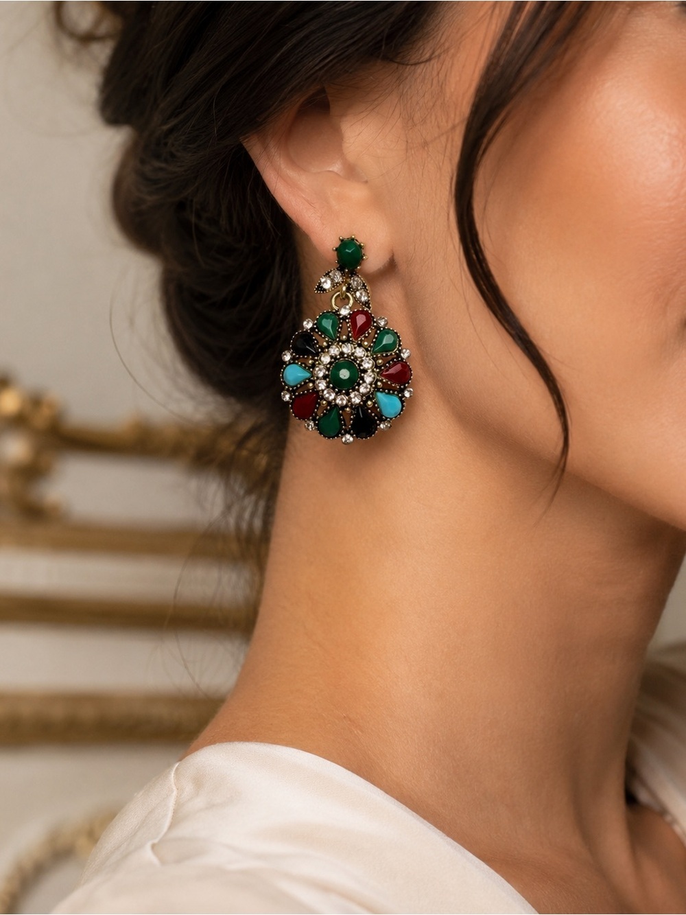 Multi-Color Drop Earrings with Green Accents - Picture 3 of 7